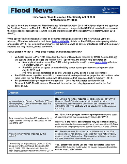 Screenshot of Selective's summary of FEMA Bulletin W-14014