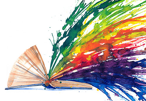 Watercolor painting of rainbow exploding from an open book