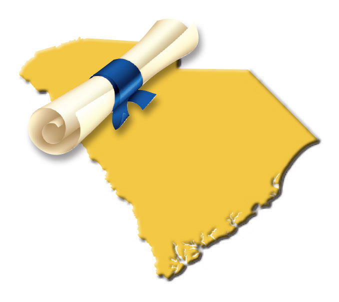 Yellow SC state outline with image of a scroll wrapped in blue ribbon.