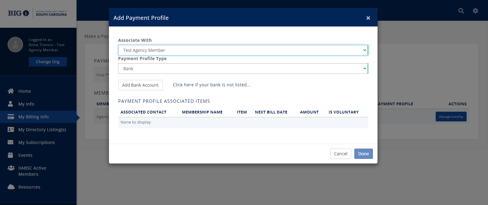 Screenshot of Add Payment Profile screen with bank account settings