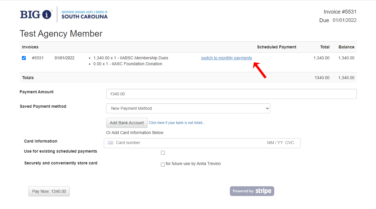 Screenshot of invoice payment window to display "Switch to Monthly Payments" link