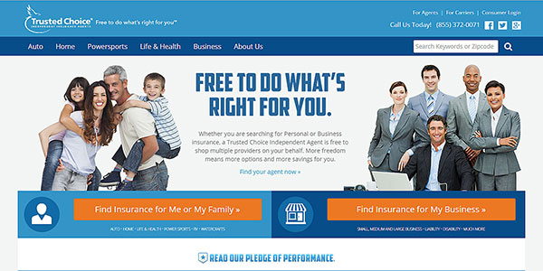 Homepage of TrustedChoice.com consumer website - is immediately split into personal and commercial lines 