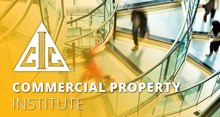 Commercial Property with CIC logo and image of indistinct people on glass spiral stairs