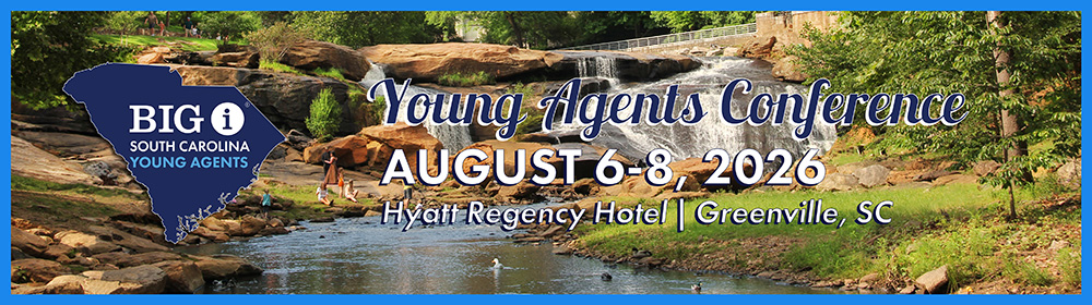 2026 IIABSC Young Agents Conference banner features Greenville downtown waterfall