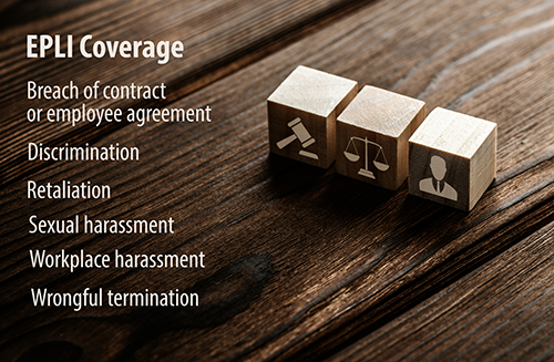 Close up of wooden dice with gavel, scales, and man silhouette with important EPLI terms written on the side.