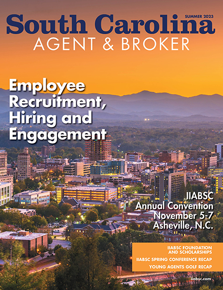 IIABSC SC Agent & Broker magazine summer cover features an ariel view of downtown Asheville, NC at sunset