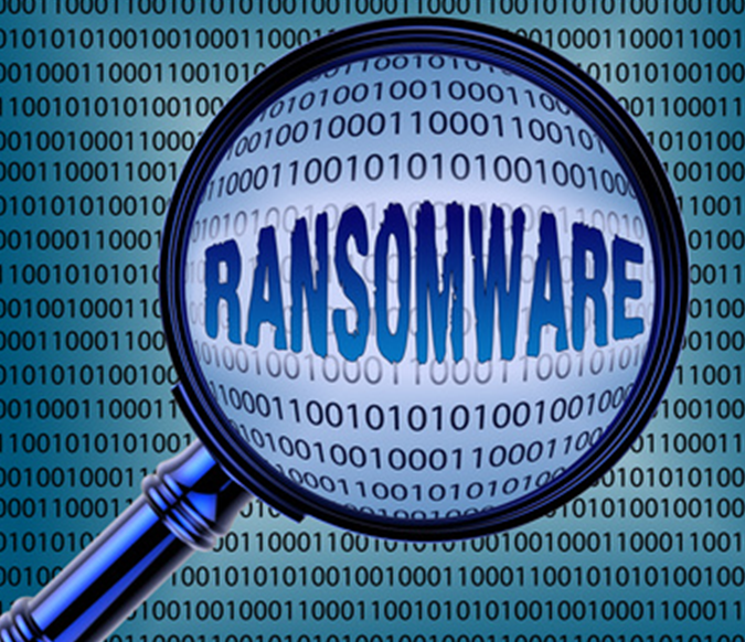 Magnifying glass looking through Binary Coding discovers "Ransomware"
