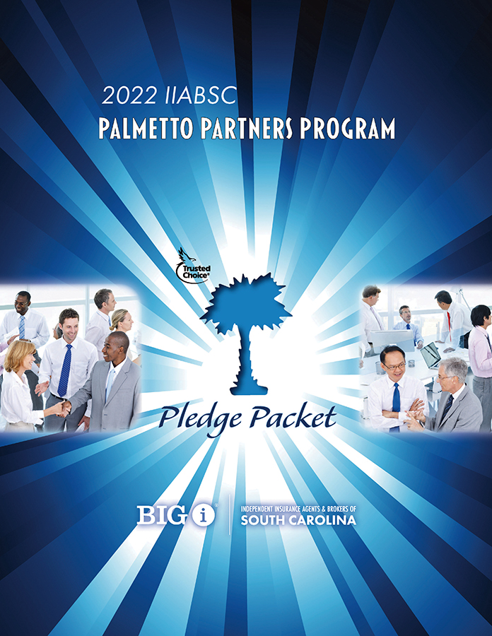 Pledge packet cover with Partner branding including blue starburst stripes and blue Palmetto tree illustration