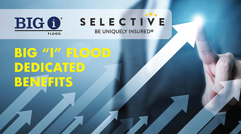 Big I Flood & Selective banner - Big I Flood Dedicated Benefits in yellow over background of transparent arrows