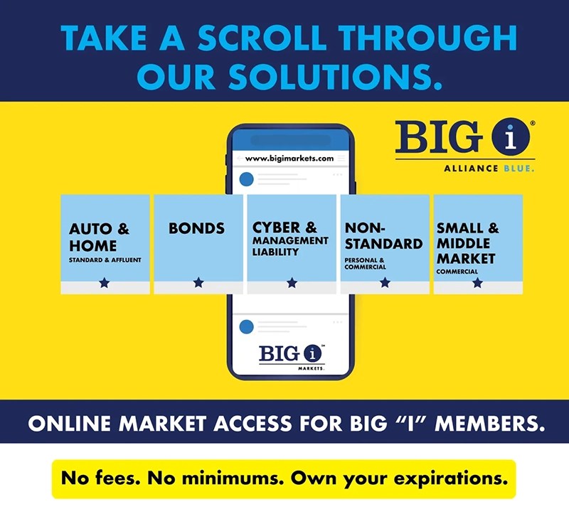 Big I Alliance Blue & yellow banner - "take a scroll through our solutions" features market options popping out from a mobile phone.