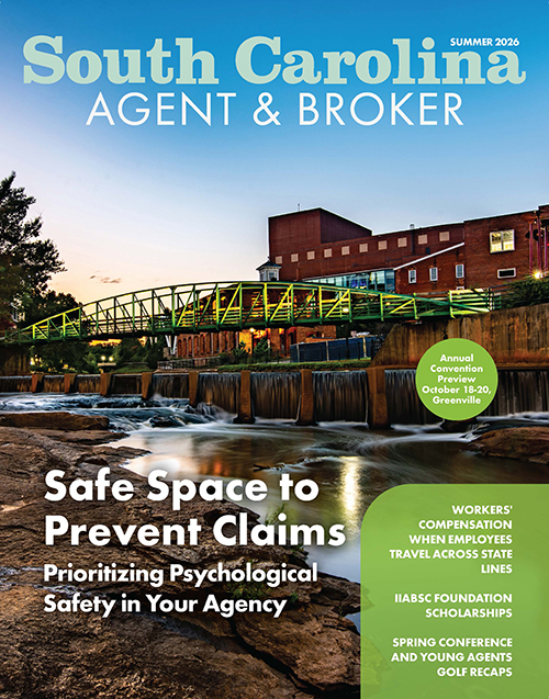 IIABSC magazine summer 2026 cover features a river-level view of the green crossbridge at South Main Street in downtown Greenville, SC.