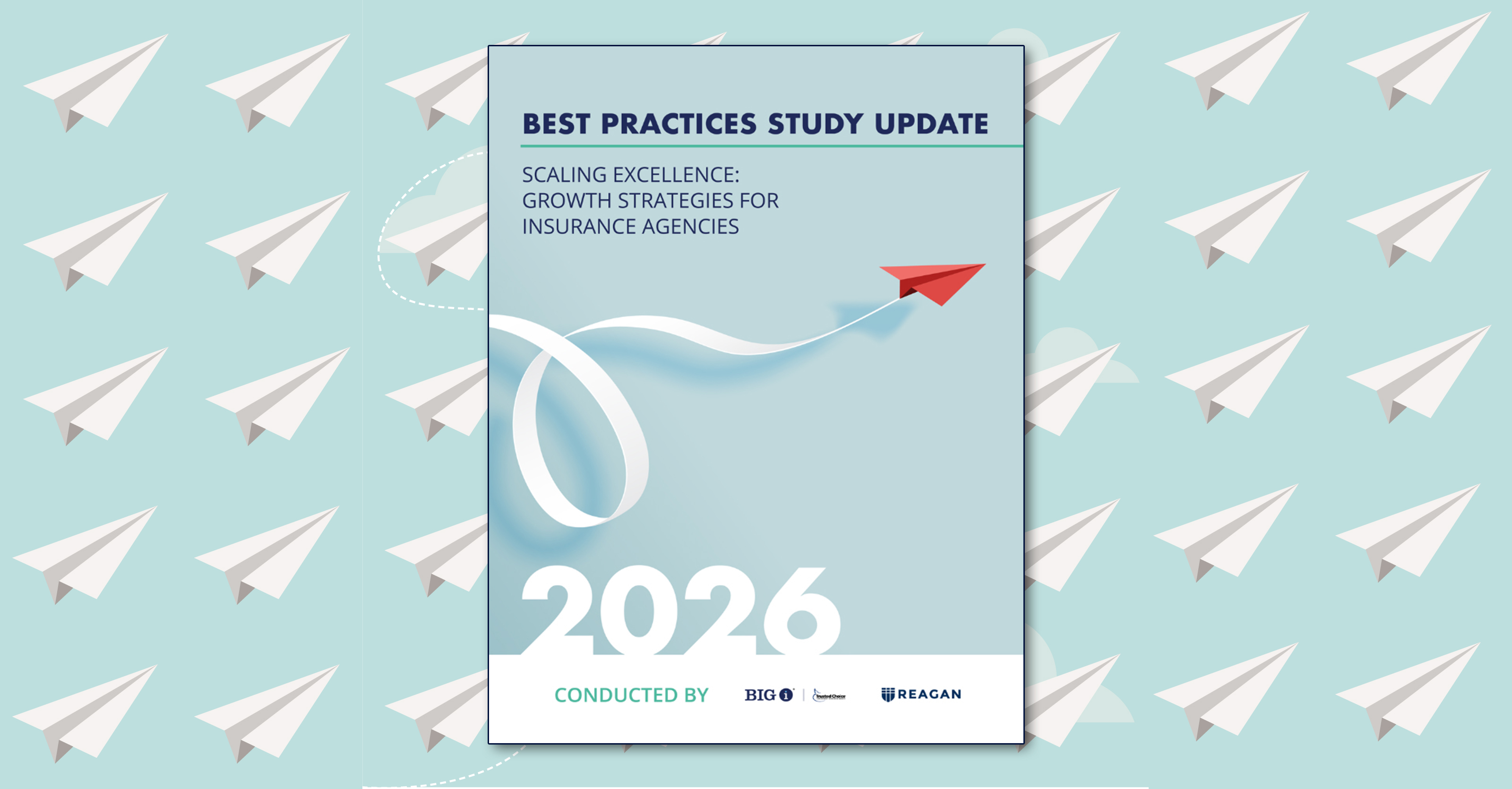 Best Practices Study Update features a paper plane flying in spirals over a background of uniform paper planes flying in same opposite direction.