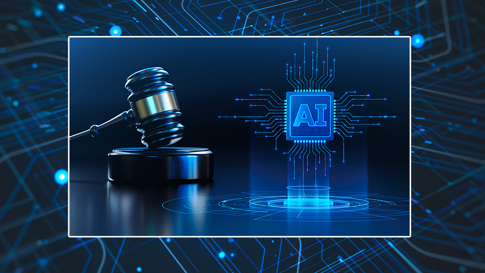 Futuristic design of artificial intelligence ai circuit board with gavel to imply legal use - blue colors throughout
