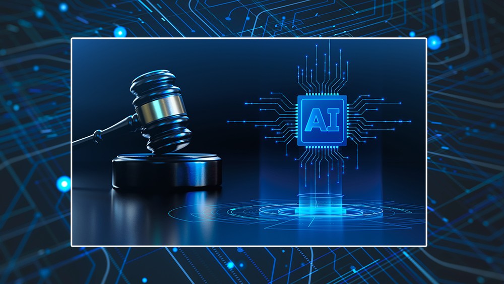Futuristic design of artificial intelligence ai circuit board with gavel to imply legal use - blue colors throughout